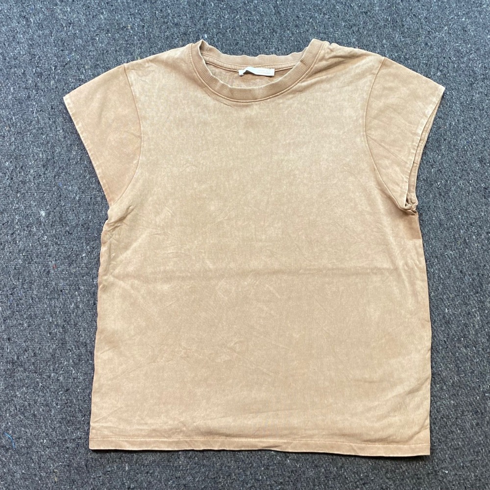 Zara Muscle TShirt Sz S Womens Tan Acid Wash Grunge Streetwear Cap Sleeve Tee